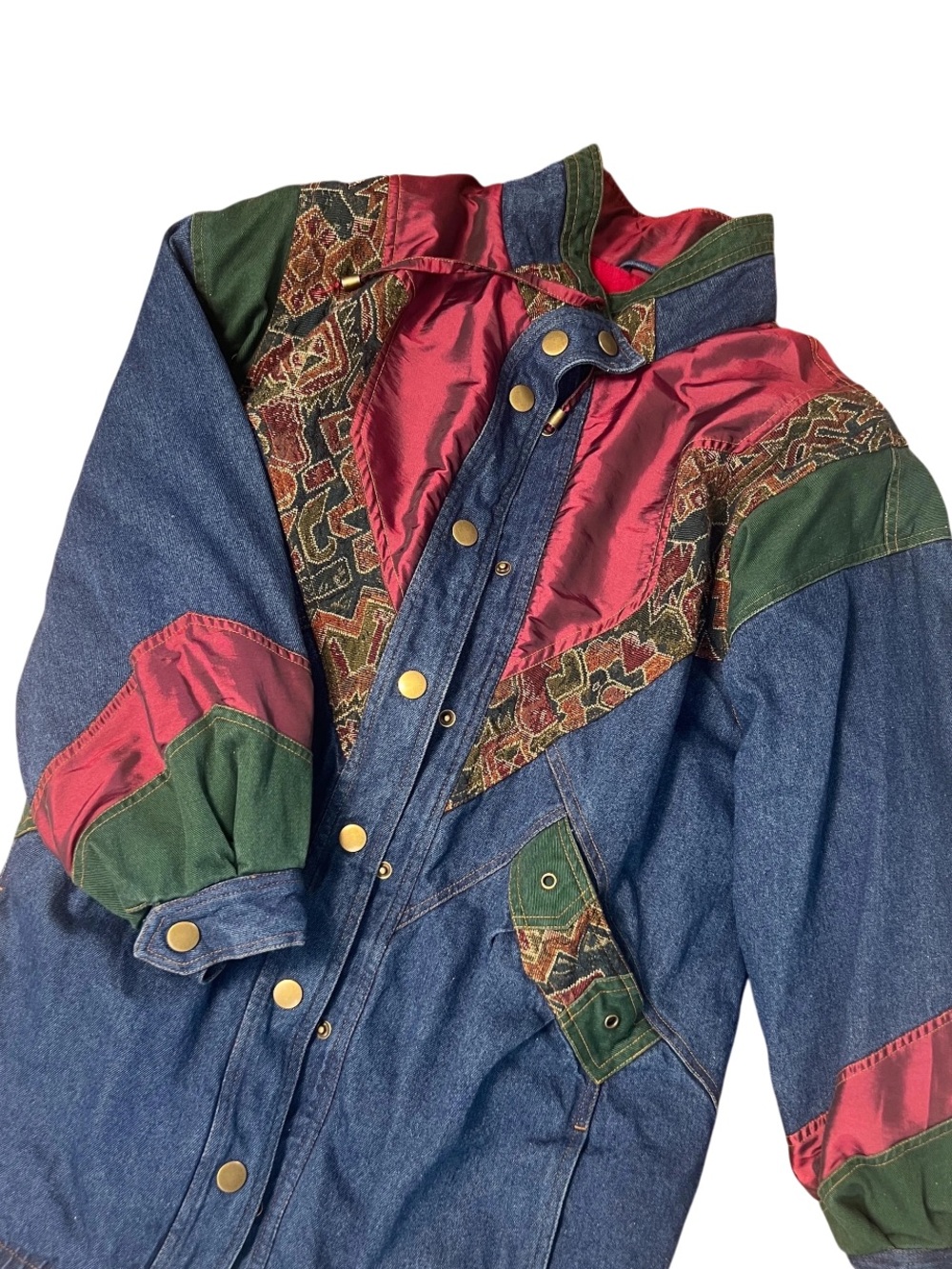 Vintage Patchwork Denim Bomber Jacket: Southwestern Tapestry, Oversized Fit